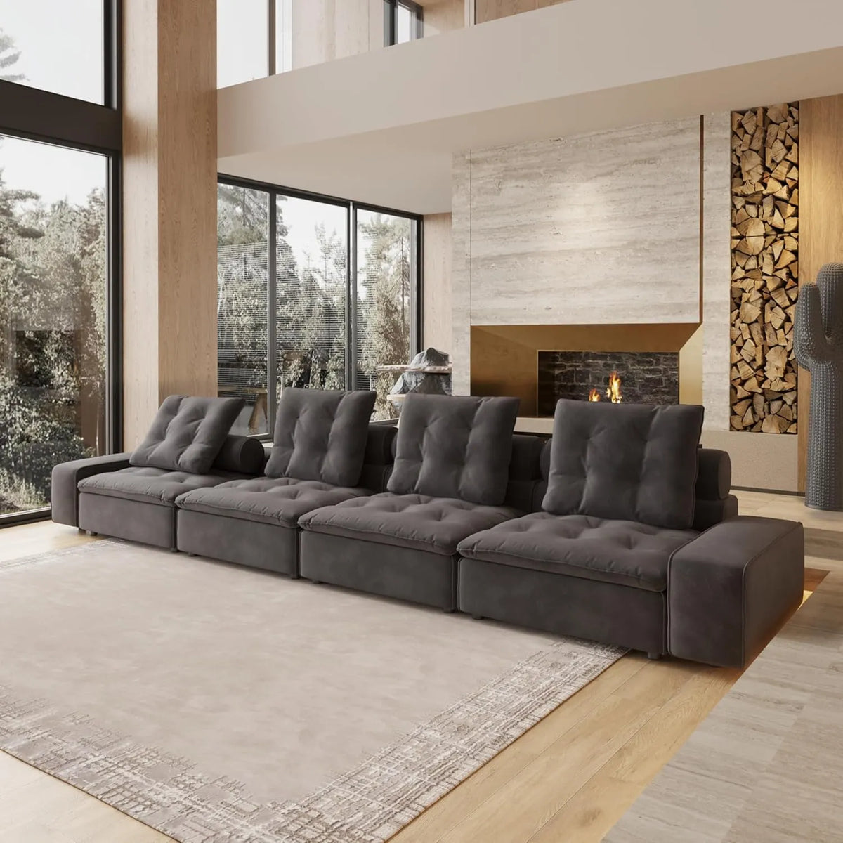 Deluxe Adjustable Cloud Sectional Sofas | 4-Piece Grey Frosted Velvet Couch Sectionals 4-Seater