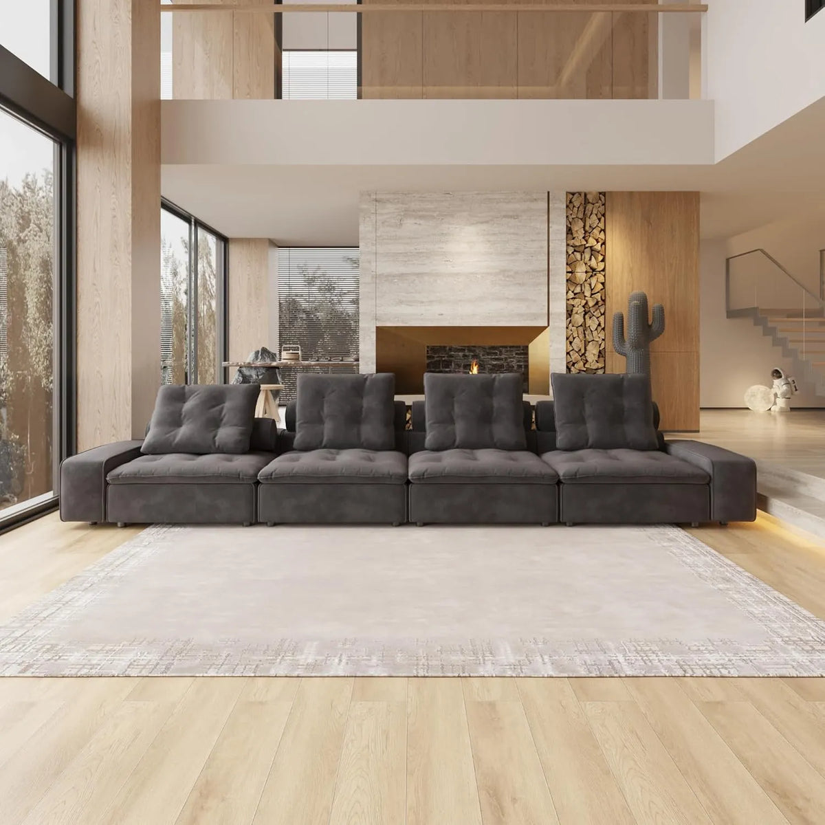 Deluxe Adjustable Cloud Sectional Sofas | 4-Piece Grey Frosted Velvet Couch Sectionals 4-Seater