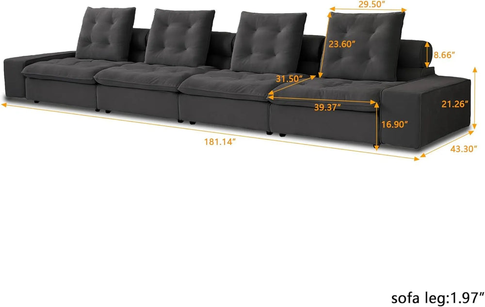Deluxe Adjustable Cloud Sectional Sofas | Grey Frosted Velvet Couch Sectionals 4-seaters
