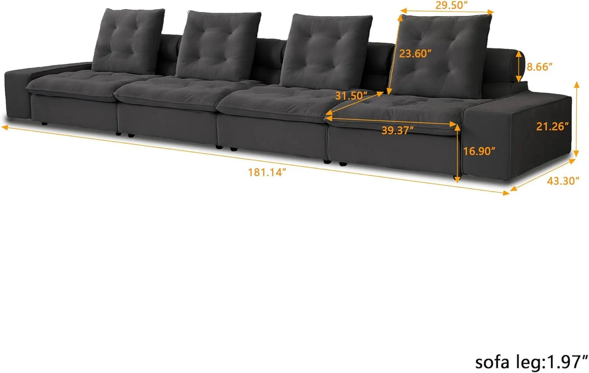 Deluxe Adjustable Cloud Sectional Sofas | 4-Piece Grey Frosted Velvet Couch Sectionals 4-Seater