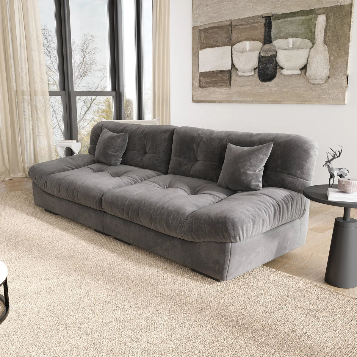 Sofás Biplaza Esenciales de Terciopelo Esmerilado Gris | 2 Piezas, Tela de Terciopelo Esmerilado, Diseño Compacto