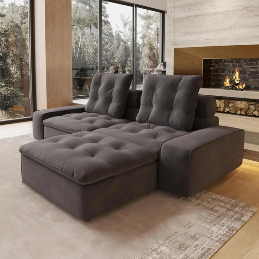 Deluxe Adjustable Cloud Sectional Sofas | Grey Frosted Velvet Loveseats 2-seaters with 1 Ottoman