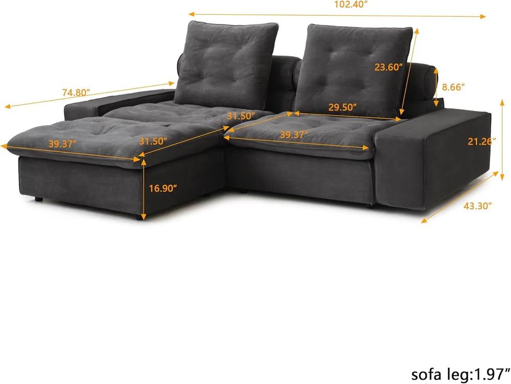 Deluxe Adjustable Cloud Sectional Sofas | Grey Frosted Velvet Loveseats 2-seaters with 1 Ottoman