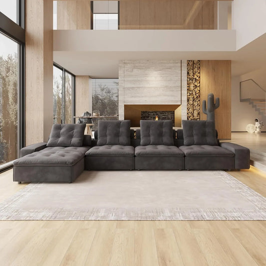 Deluxe Adjustable Cloud Sectional Sofas | Grey Frosted Velvet L shaped Sectionals 4-seaters with 1 Ottoman