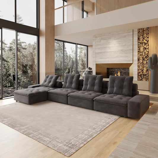 Deluxe Adjustable Cloud Sectional Sofas | Grey Frosted Velvet L shaped Sectionals 4-seaters with 1 Ottoman