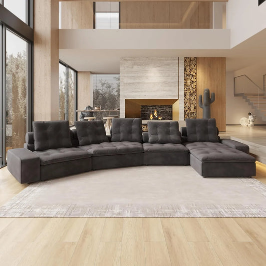 Deluxe Adjustable Cloud Sectional Sofas | Grey Frosted Velvet L shaped Sectionals 5-seaters with 1 Ottoman