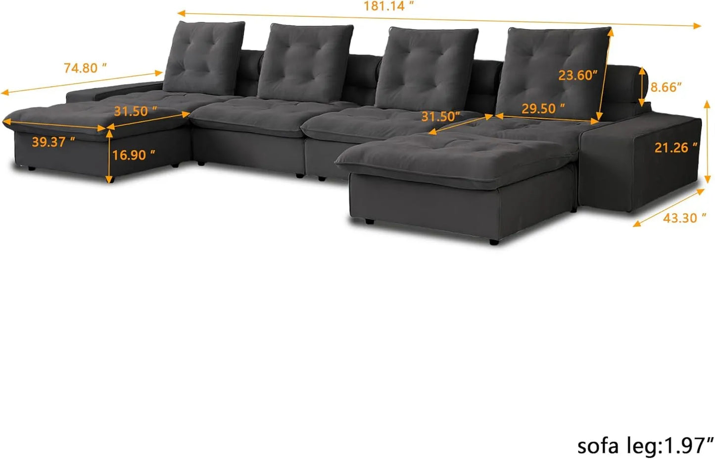 Deluxe Adjustable Cloud Sectional Sofas | Grey Frosted Velvet U shaped Sectionals 4-seaters