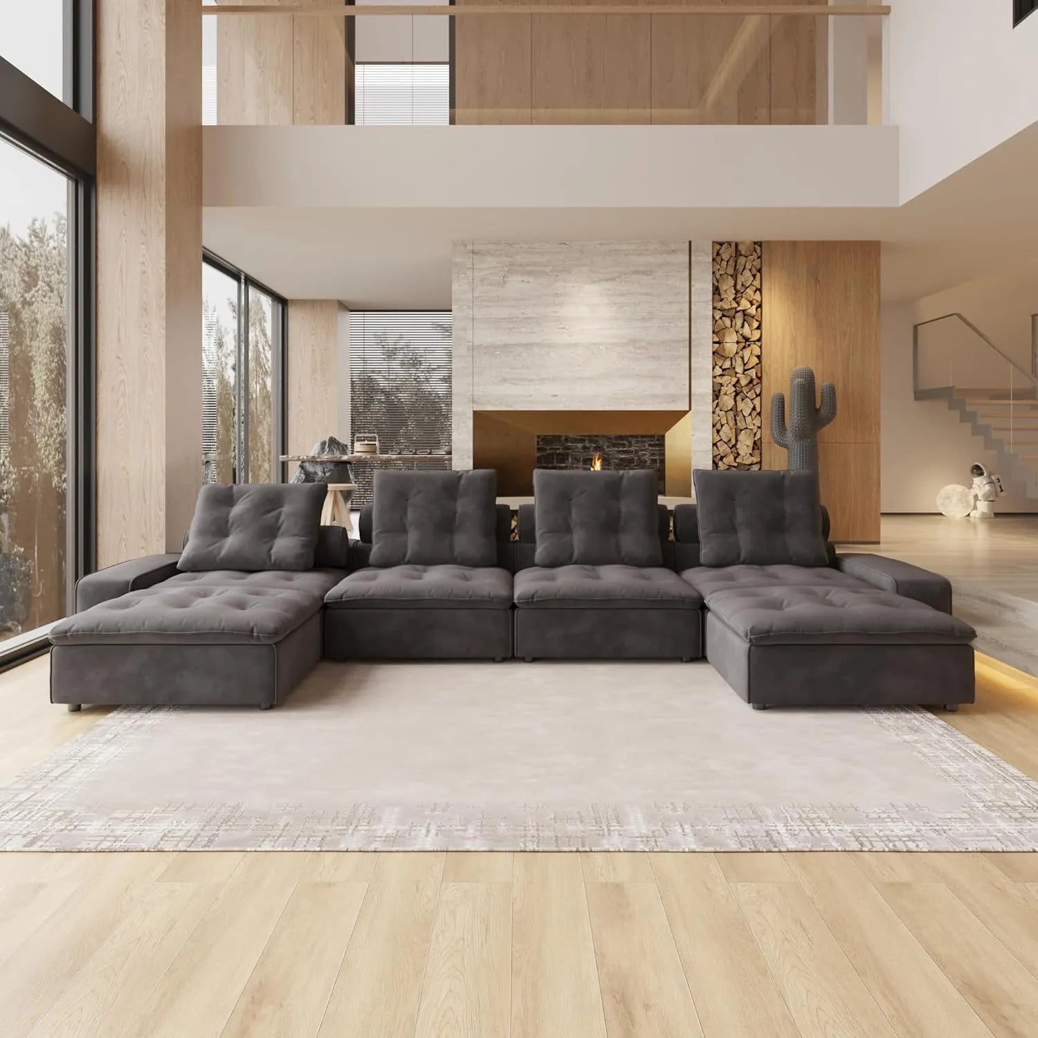 Deluxe Adjustable Cloud Sectional Sofas | 6-Piece Grey Frosted Velvet U-Shaped Sectionals 4-seater