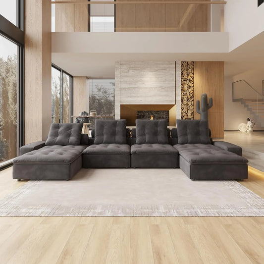 Deluxe Adjustable Cloud Sectional Sofas | Grey Frosted Velvet U shaped Sectionals 4-seaters