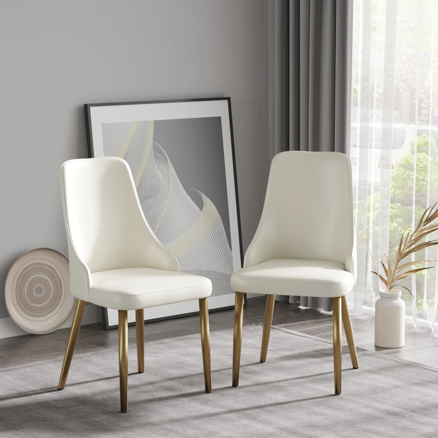Vegan High Back Dining Chair | Ivory PU Leather Set of 2