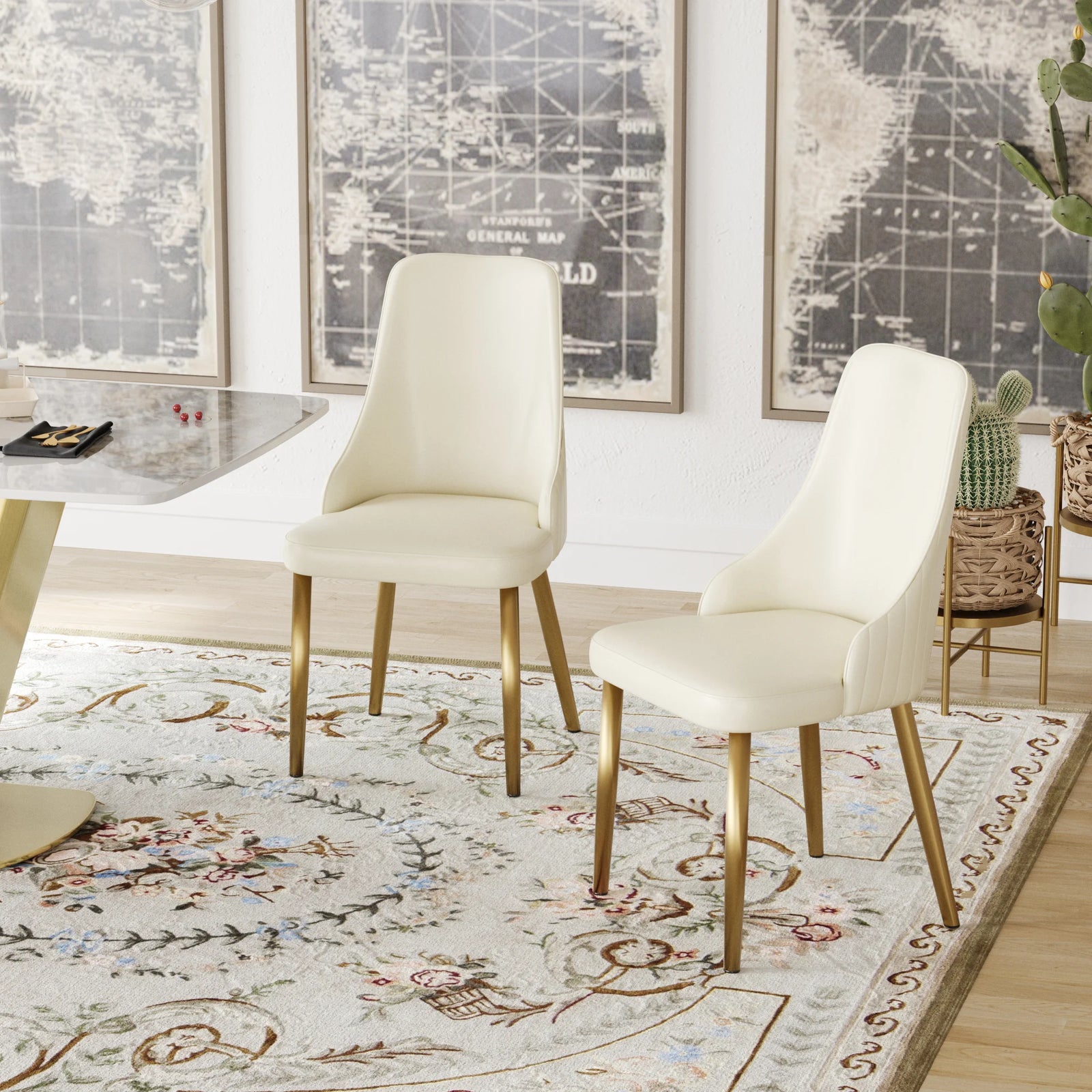 Vegan High Back Dining Chair | Ivory PU Leather Set of 2