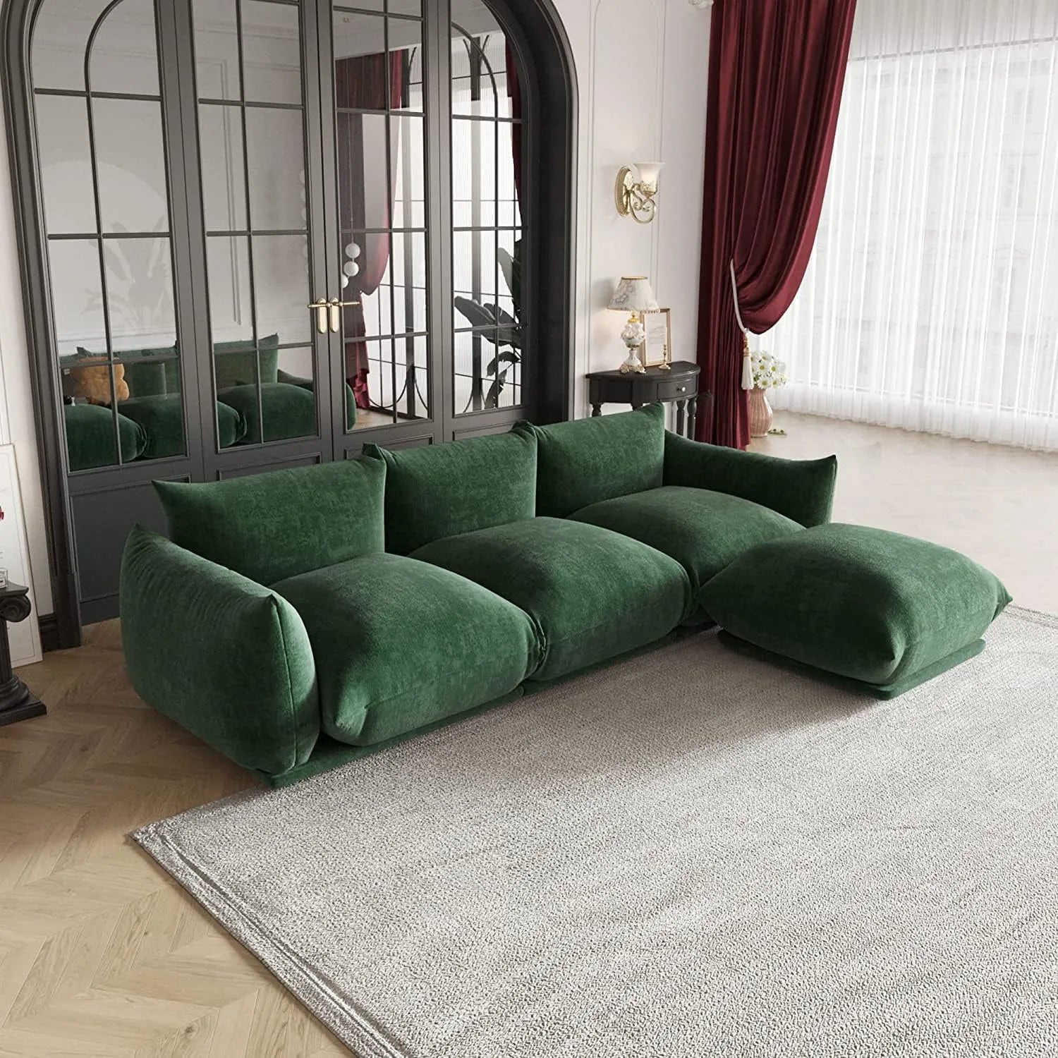 Sofá modular en forma de L Matrix de 3 plazas, color verde | 4 piezas (incluye 1 otomana), tela de chenilla, diseño espacioso