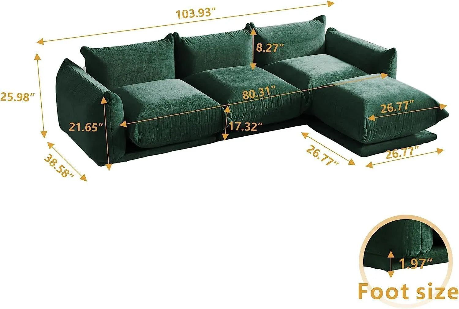 Sofá modular en forma de L Matrix de 3 plazas, color verde | 4 piezas (incluye 1 otomana), tela de chenilla, diseño espacioso