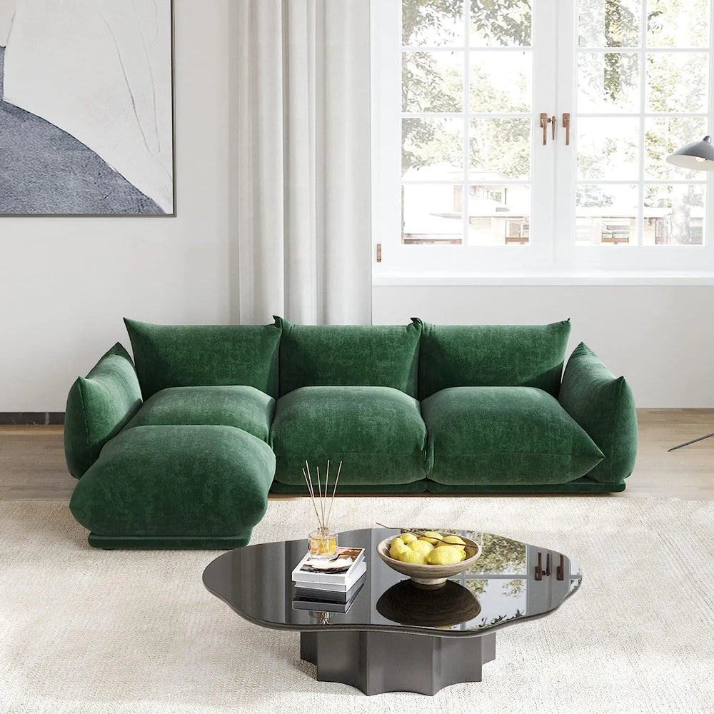 Matrix Modern Sectional Sofas | Green Chenille Couch Sectionals 3-seaters with 1 Ottoman