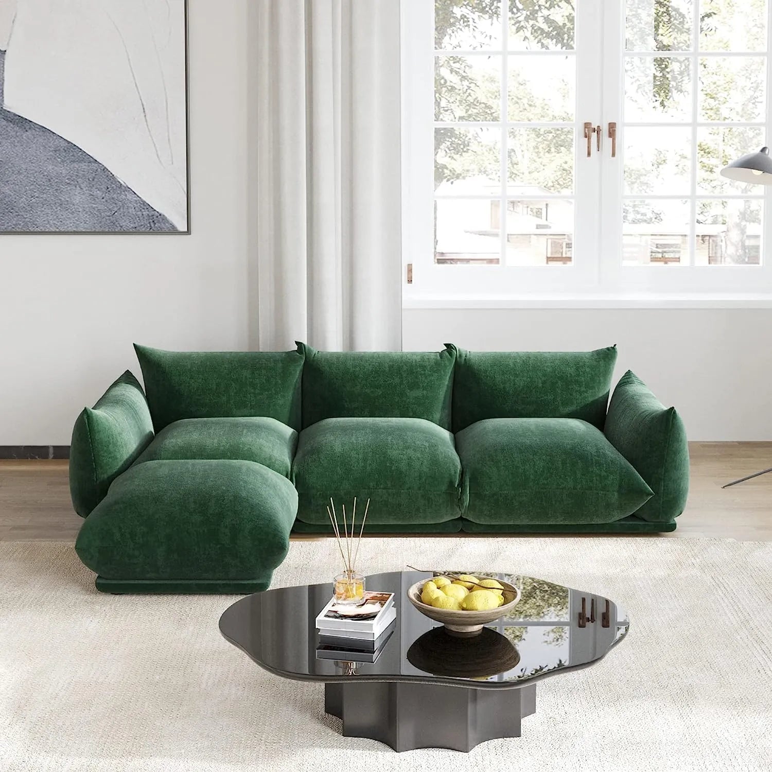 Sofá modular en forma de L Matrix de 3 plazas, color verde | 4 piezas (incluye 1 otomana), tela de chenilla, diseño espacioso