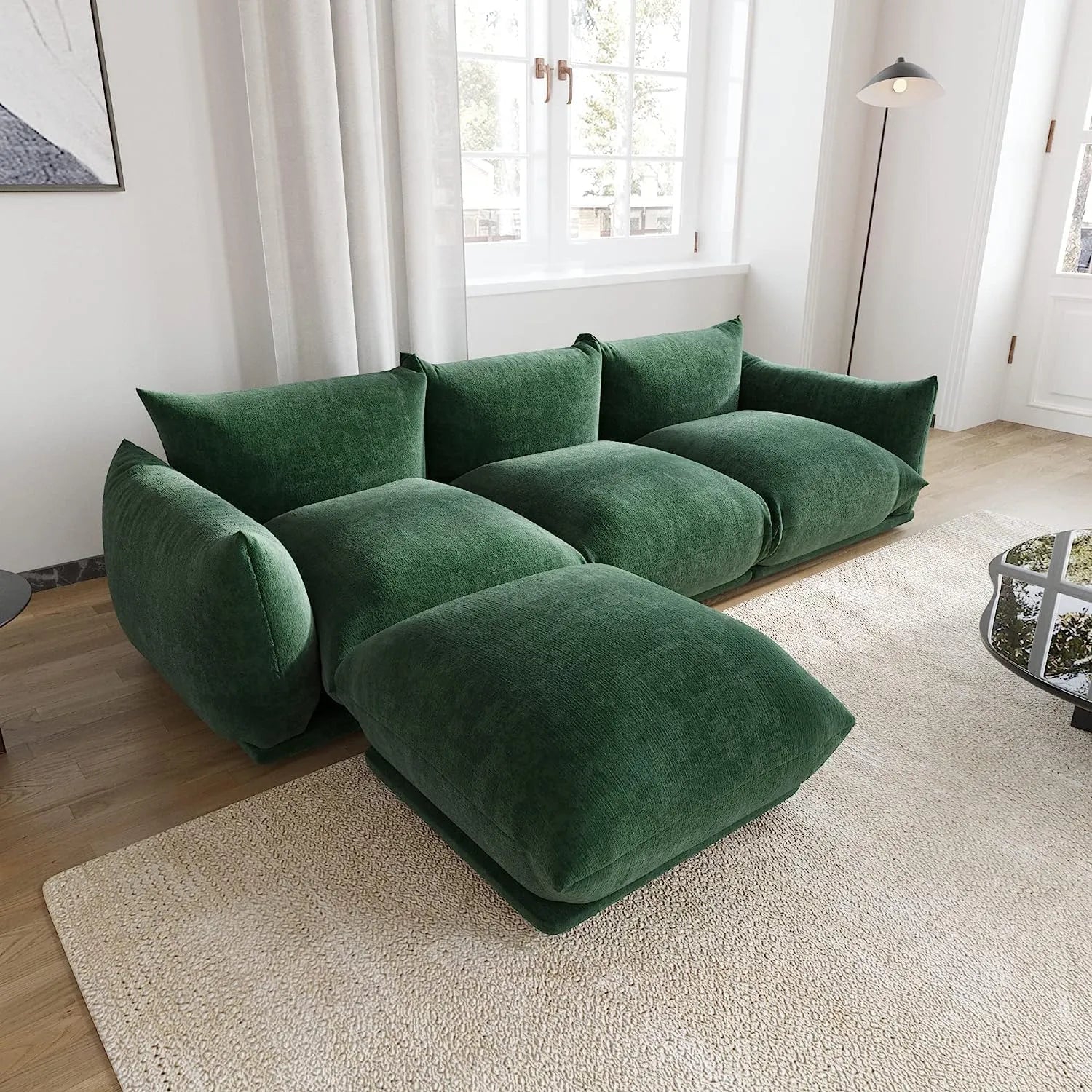 Sofá modular en forma de L Matrix de 3 plazas, color verde | 4 piezas (incluye 1 otomana), tela de chenilla, diseño espacioso