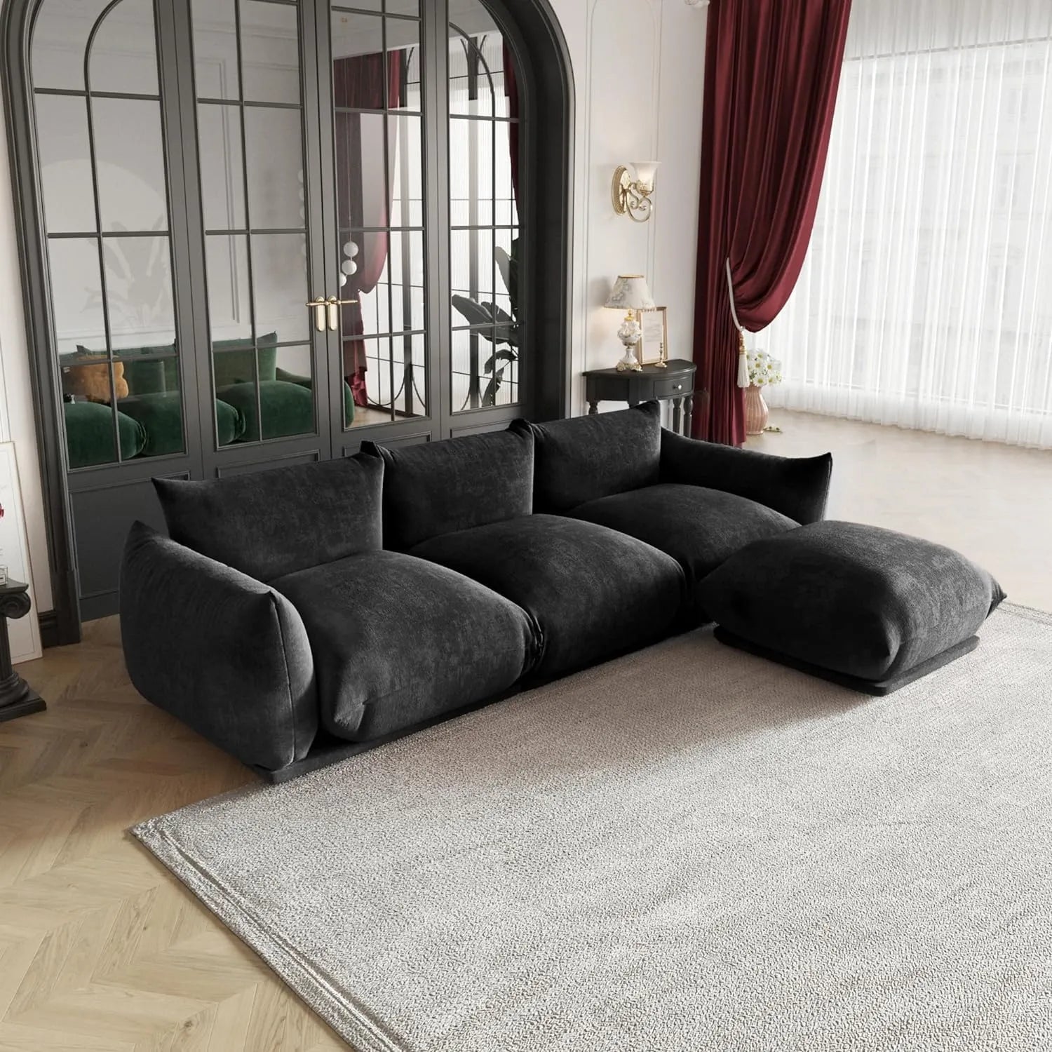 Matrix 3-Seater Black Modular L-Shaped Sectional | 4-Piece (includes 1 Ottoman), Chenille Fabric, Roomy Layout