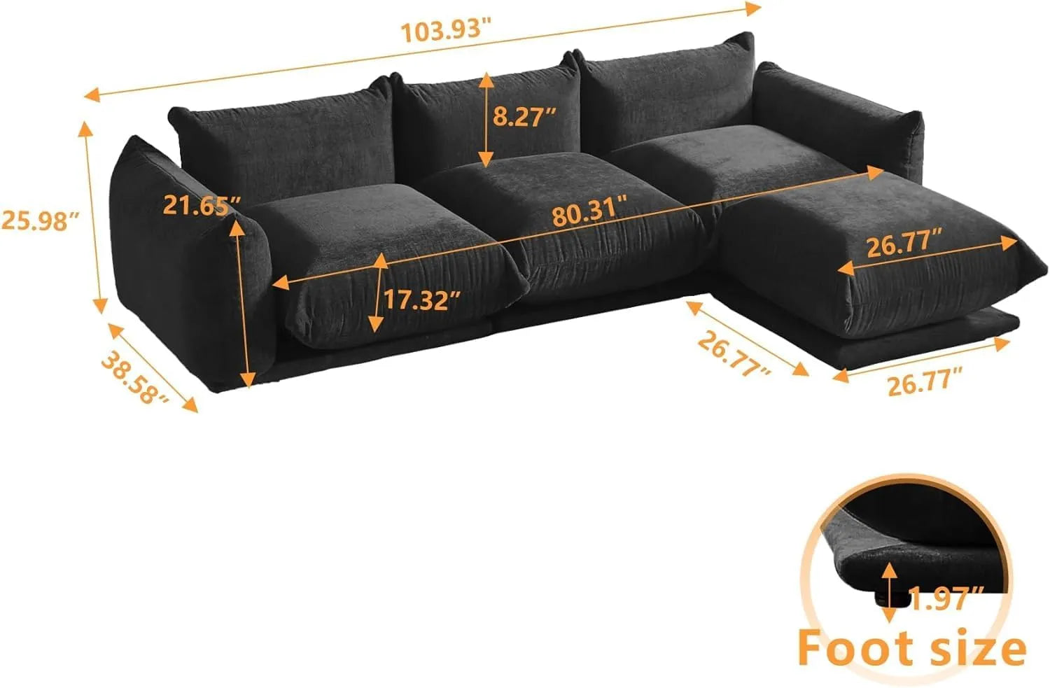 Matrix 3-Seater Black Modular L-Shaped Sectional | 4-Piece (includes 1 Ottoman), Chenille Fabric, Roomy Layout