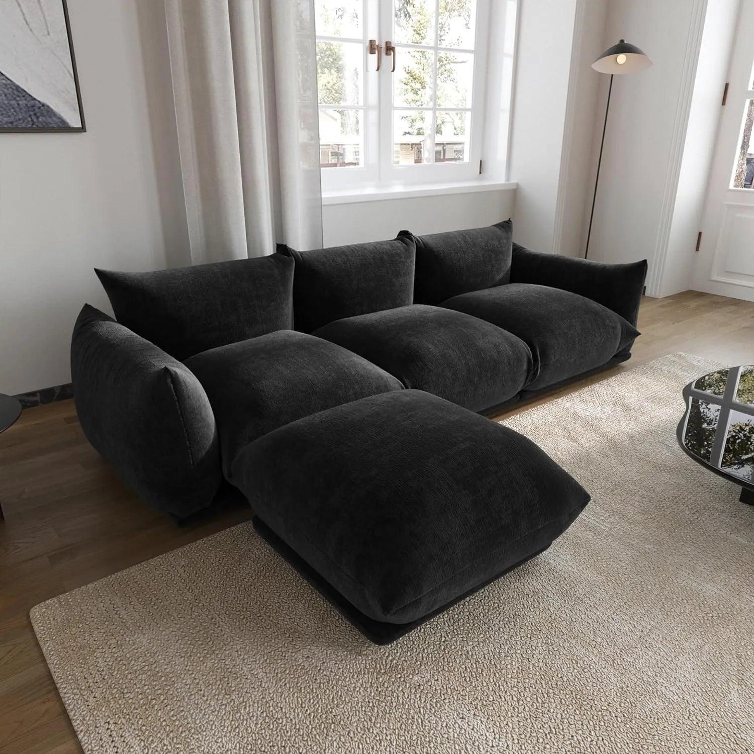 Matrix 3-Seater Black Modular L-Shaped Sectional | 4-Piece (includes 1 Ottoman), Chenille Fabric, Roomy Layout