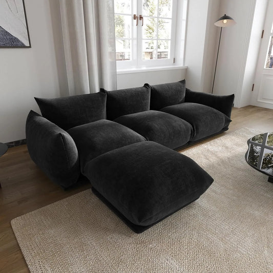 Matrix Modern Sectional Sofas | Black Chenille Couch Sectionals 3-seaters with 1 Ottoman