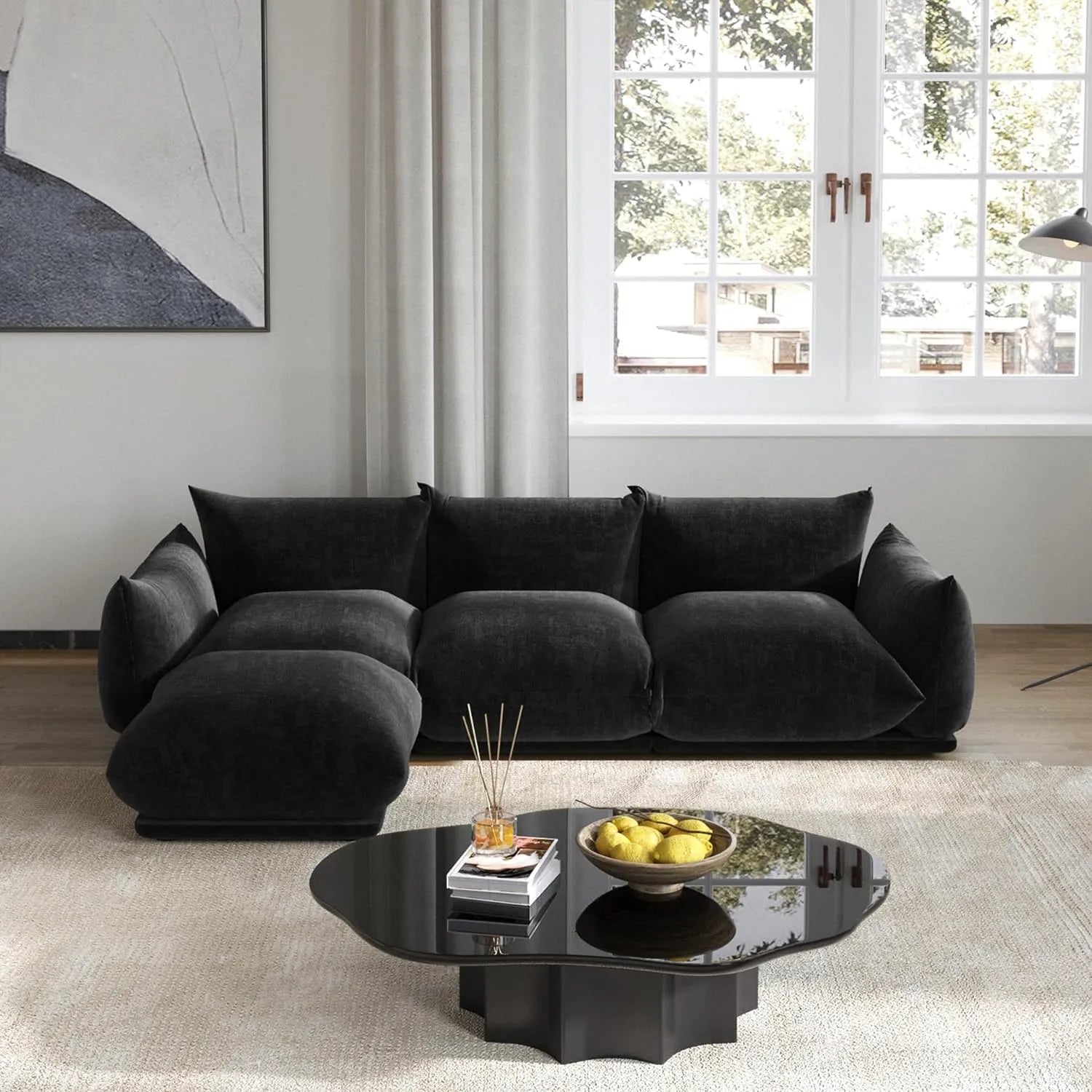 Matrix 3-Seater Black Modular L-Shaped Sectional | 4-Piece (includes 1 Ottoman), Chenille Fabric, Roomy Layout