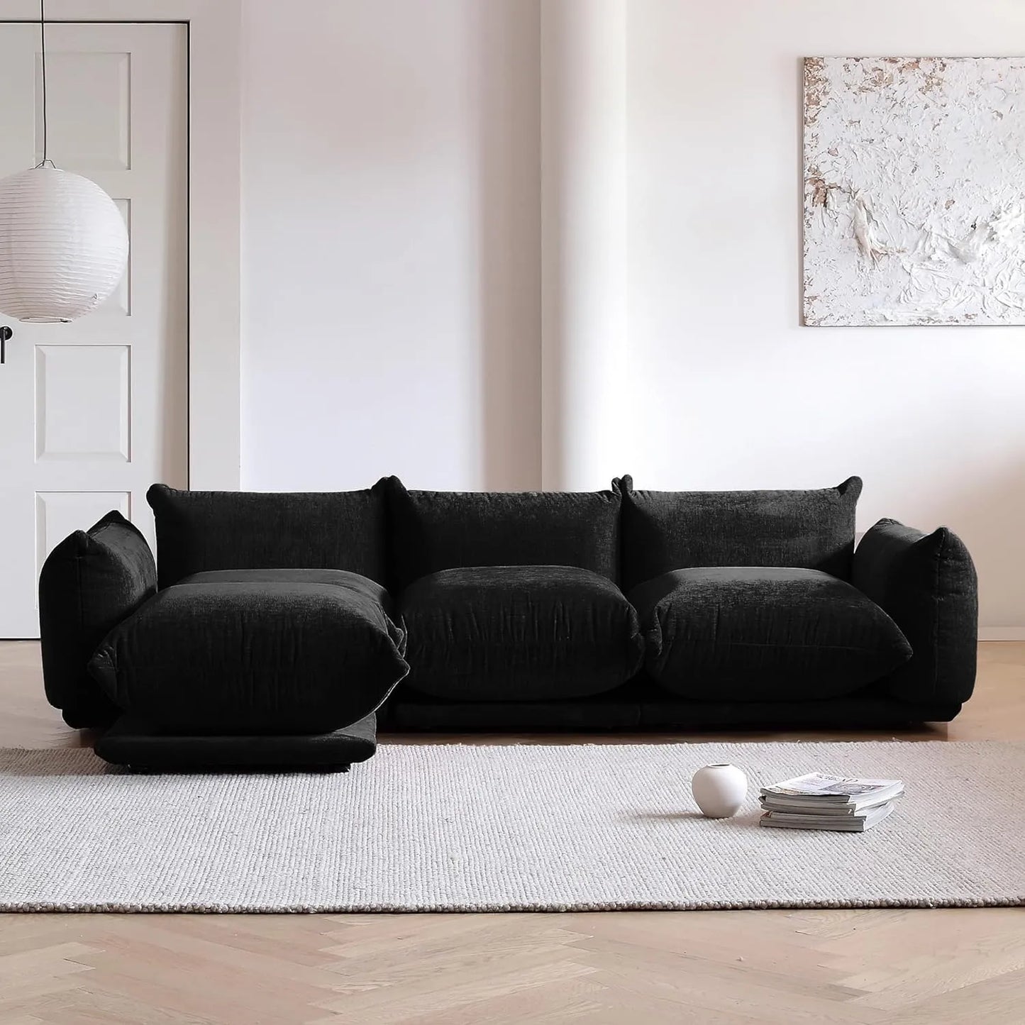 Matrix Modern Sectional Sofas | Black Chenille Couch Sectionals 3-seaters with 1 Ottoman