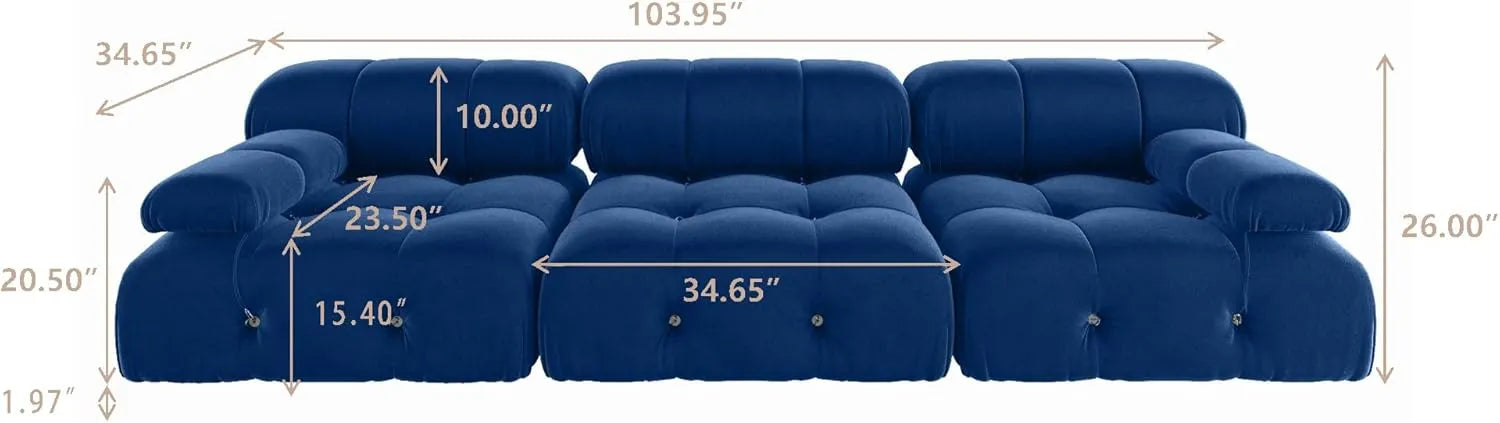 Matrix 3-Seater Blue Modular Couch Sectional | 3-Piece, Velvet Fabric, Apartment Friendly