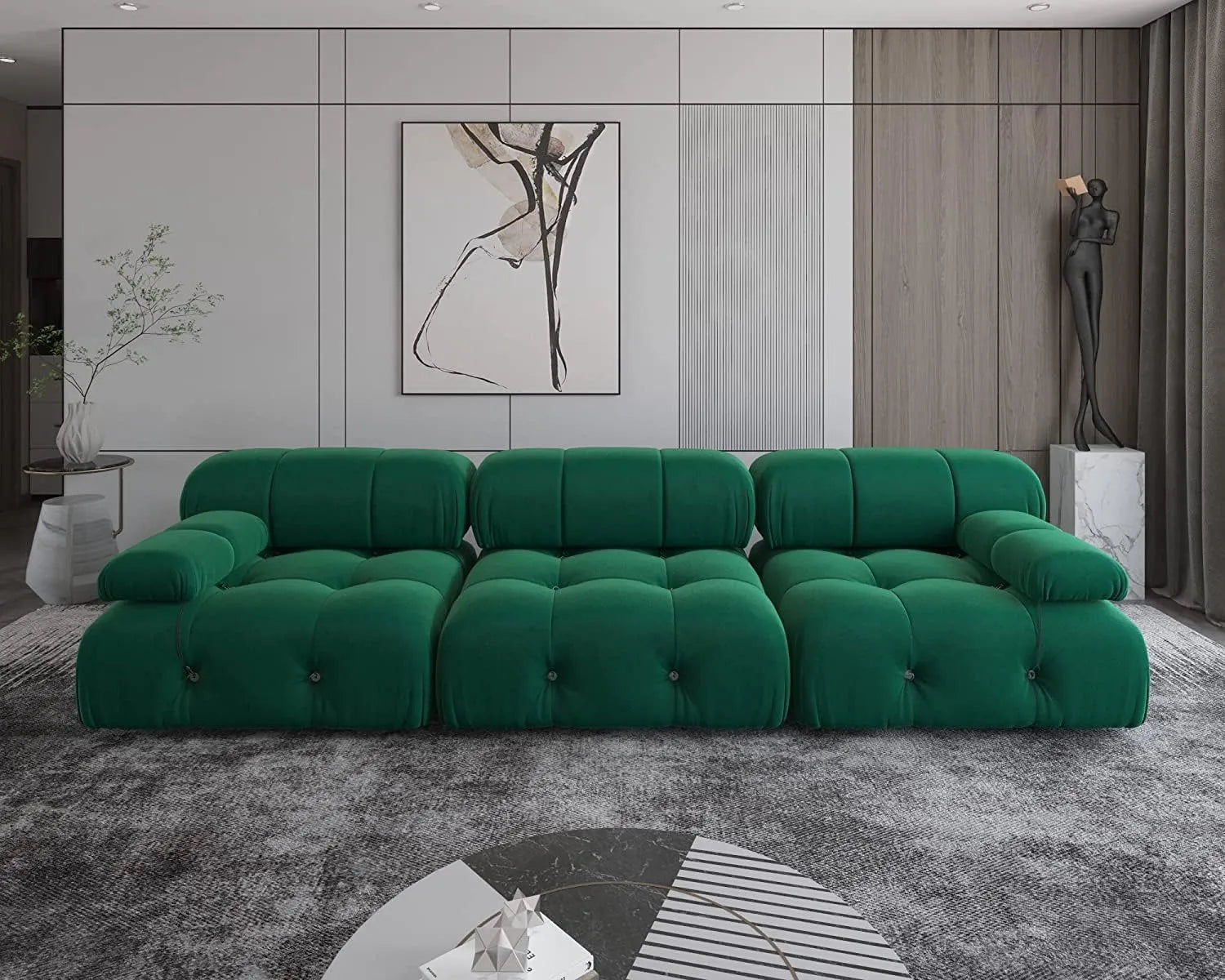 Matrix 3-Seater Green Modular Couch Sectional | 3-Piece, Velvet Fabric, Apartment Friendly