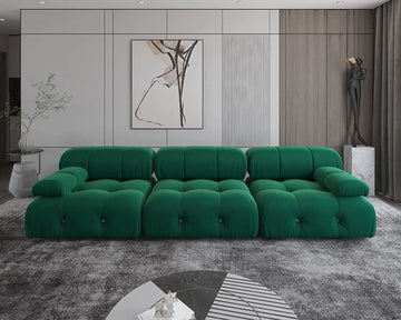 Sofá modular seccional Matrix de 3 plazas en color verde | 3 piezas, tela de terciopelo, ideal para apartamentos.