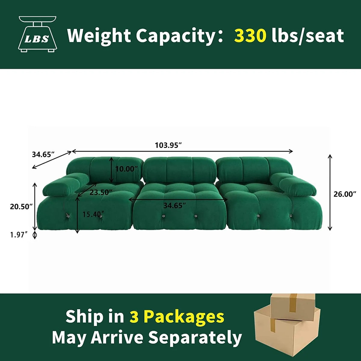 Matrix 3-Seater Green Modular Couch Sectional | 3-Piece, Velvet Fabric, Apartment Friendly