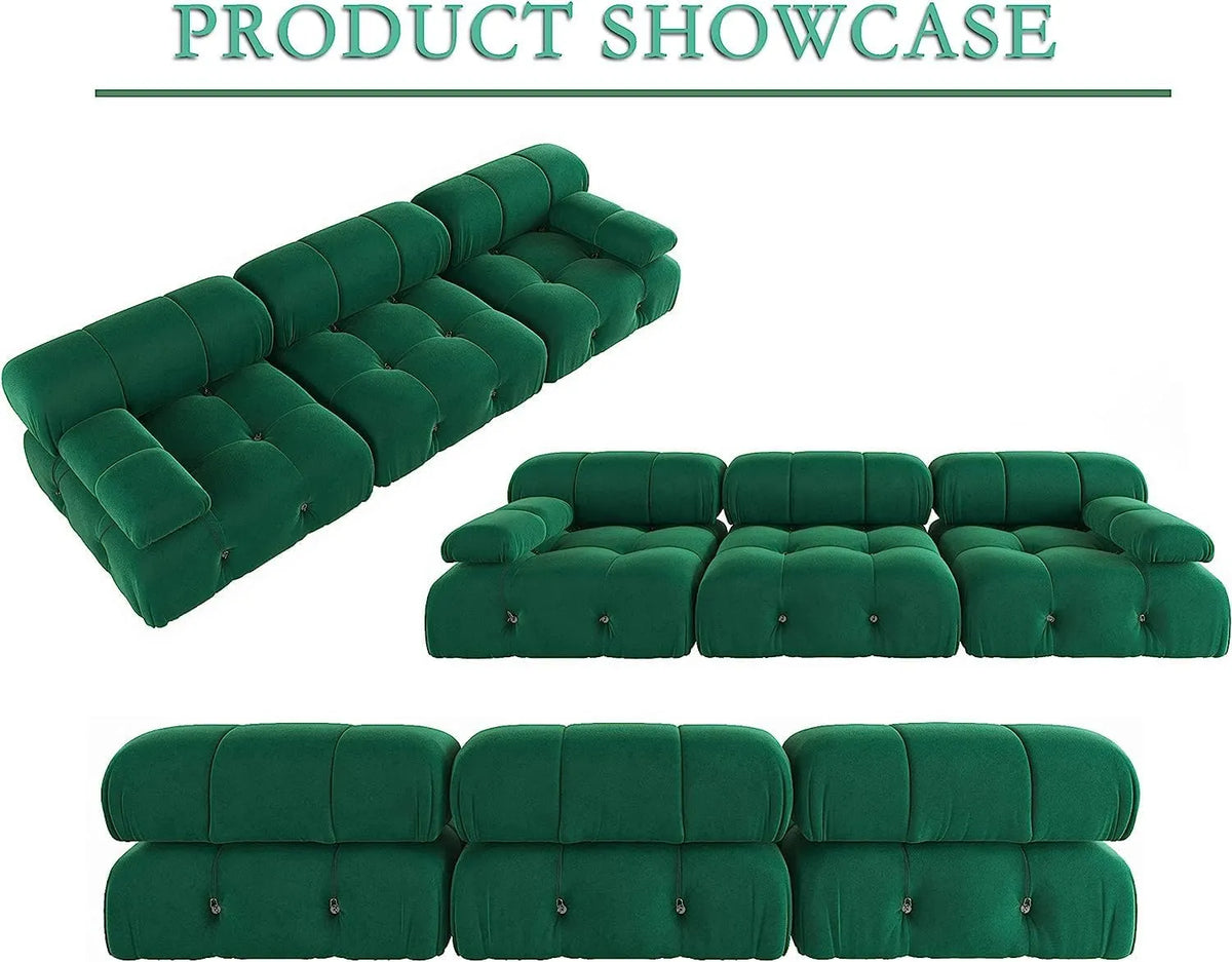 Matrix 3-Seater Green Modular Couch Sectional | 3-Piece, Velvet Fabric, Apartment Friendly