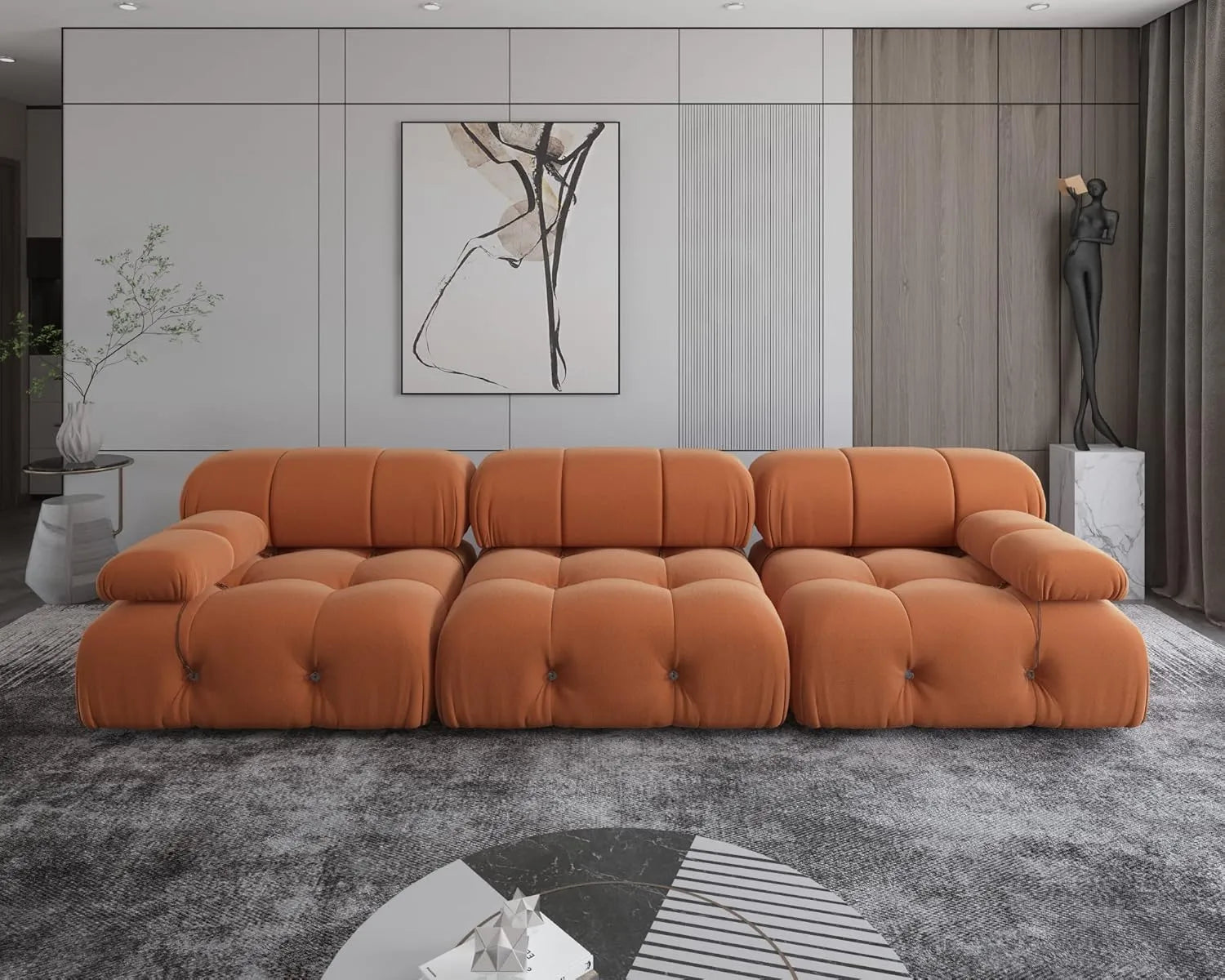 Sofá modular seccional Matrix de 3 plazas color naranja oscuro | 3 piezas, tela de terciopelo, para espacios pequeños