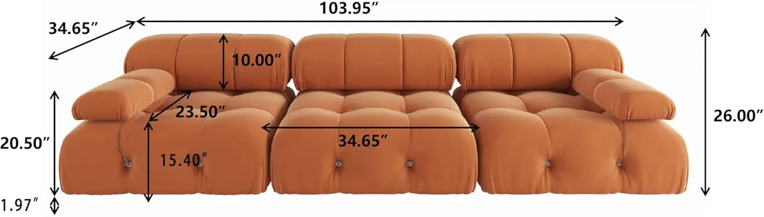 Sofá modular seccional Matrix de 3 plazas color naranja oscuro | 3 piezas, tela de terciopelo, para espacios pequeños