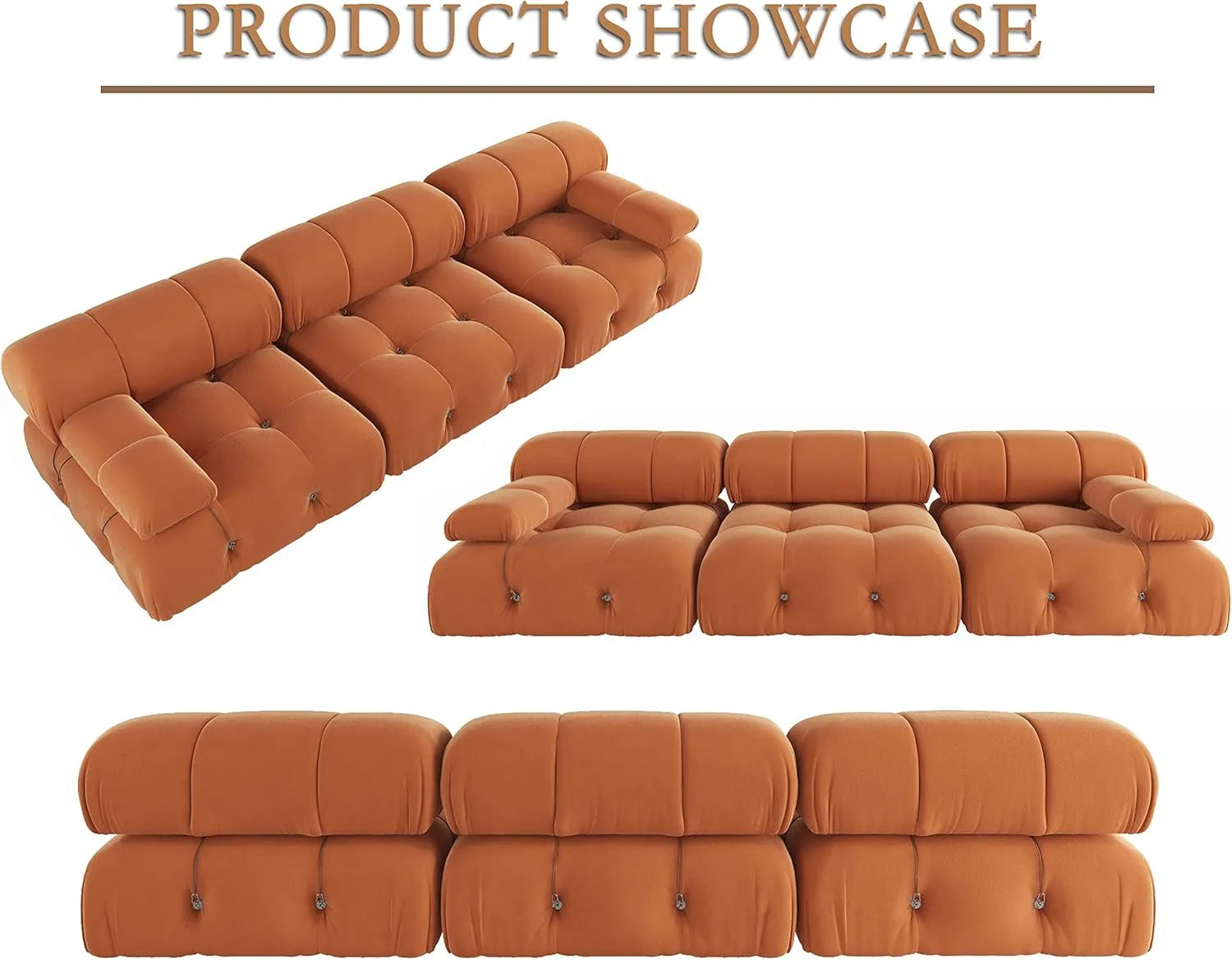 Sofá modular seccional Matrix de 3 plazas color naranja oscuro | 3 piezas, tela de terciopelo, para espacios pequeños
