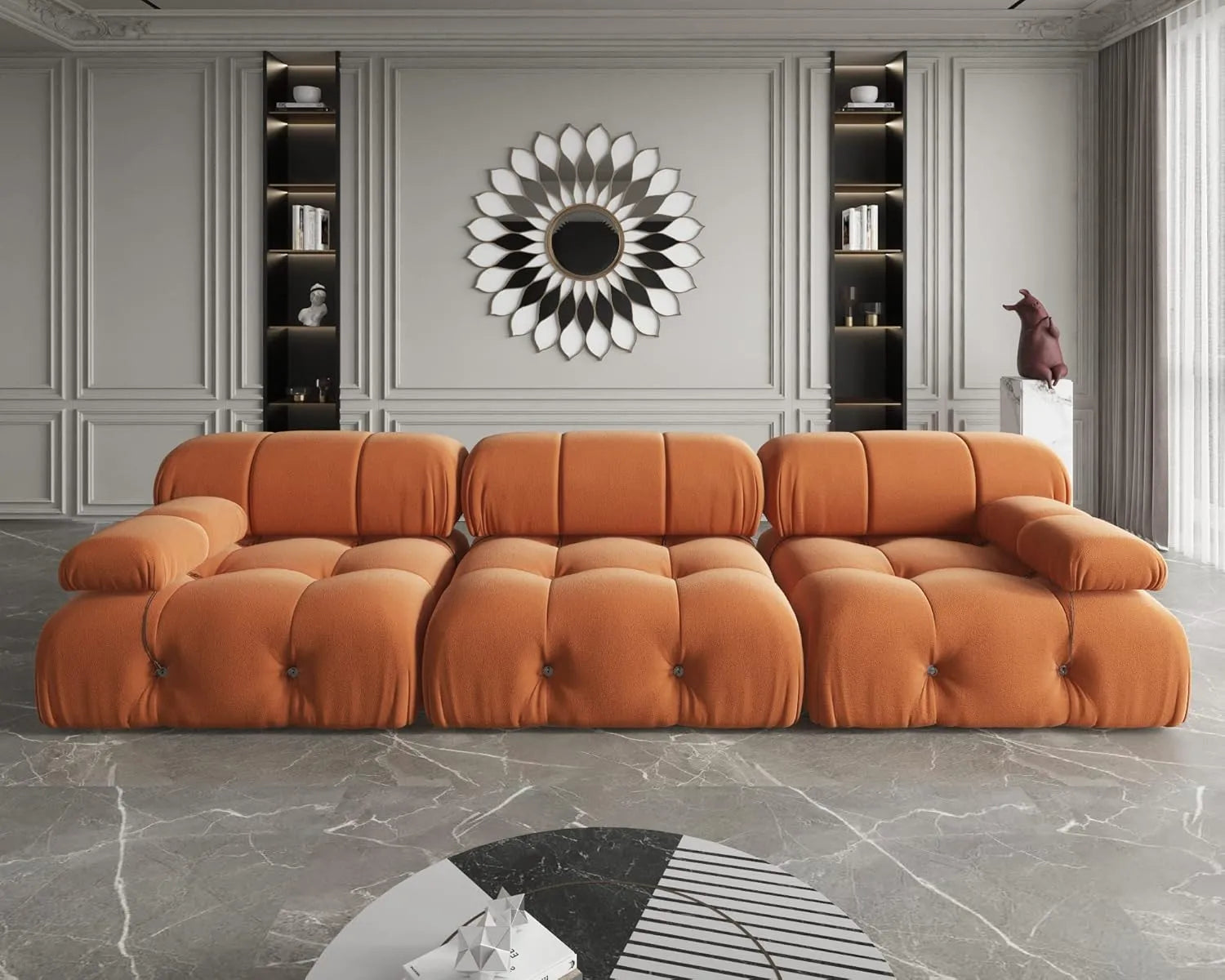 Sofá modular seccional Matrix de 3 plazas color naranja oscuro | 3 piezas, tela de terciopelo, para espacios pequeños