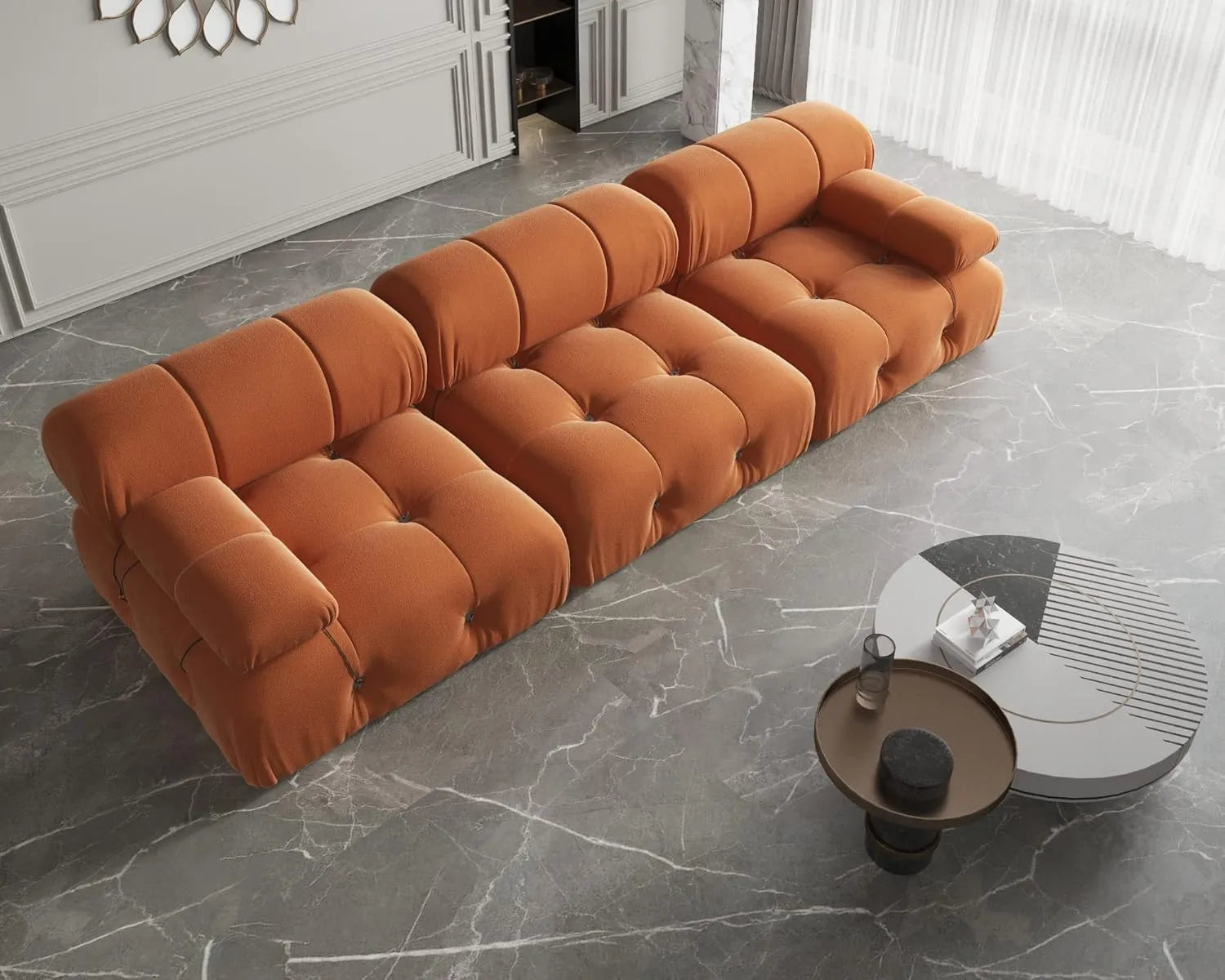 Sofá modular seccional Matrix de 3 plazas color naranja oscuro | 3 piezas, tela de terciopelo, para espacios pequeños