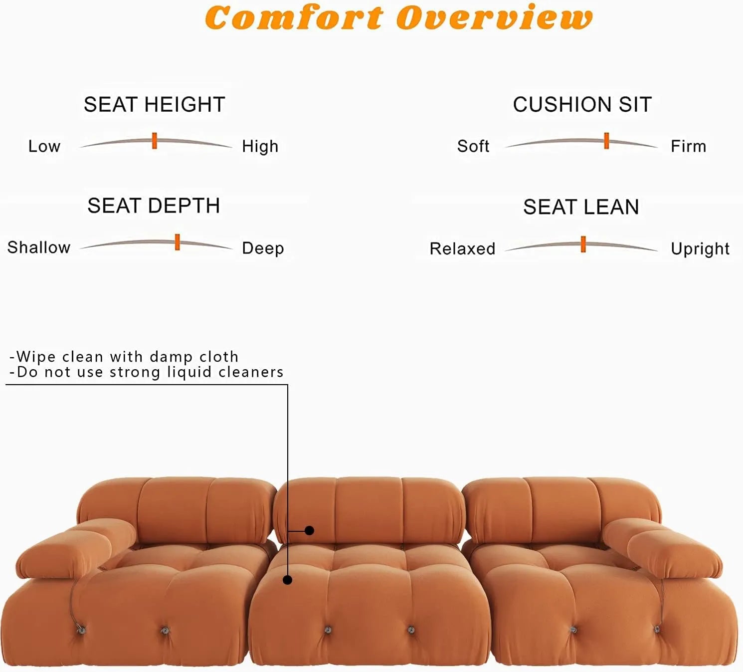 Sofá modular seccional Matrix de 3 plazas color naranja oscuro | 3 piezas, tela de terciopelo, para espacios pequeños