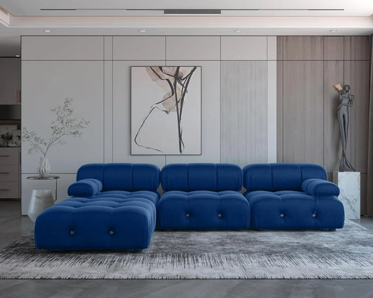 Matrix Minimalist Modular Sofas | Blue Velvet Couch Sectionals 3-seaters with 1 Ottoman