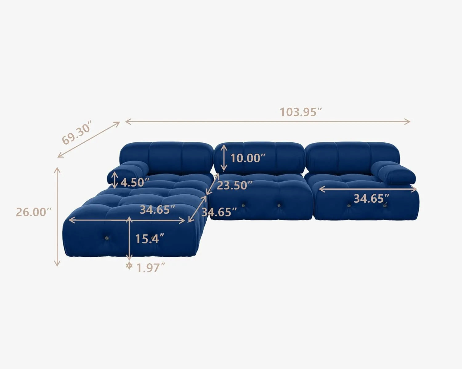 Matrix 3-Seater Blue Modular L-Shaped Sectional | 4-Piece (includes 1 Ottoman), Velvet Fabric, Spacious Design