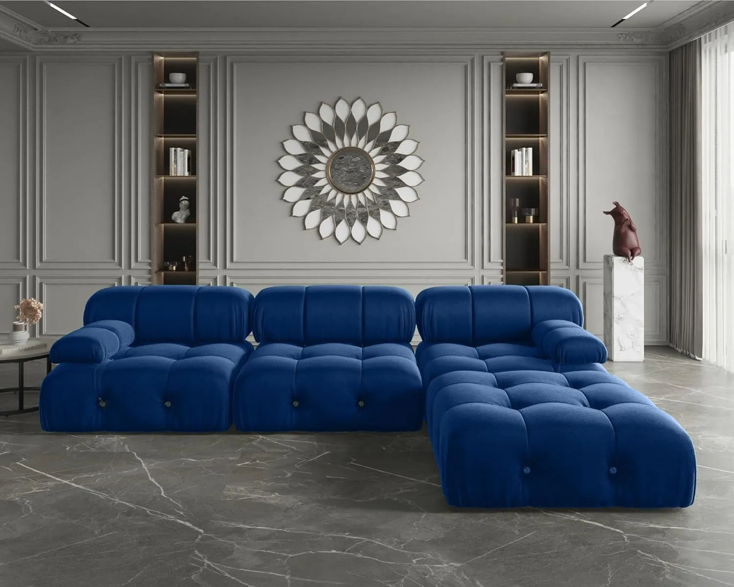 Matrix 3-Seater Blue Modular L-Shaped Sectional | 4-Piece (includes 1 Ottoman), Velvet Fabric, Spacious Design