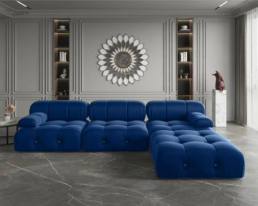 Matrix Minimalist Modular Sofas | Blue Velvet Couch Sectionals 3-seaters with 1 Ottoman