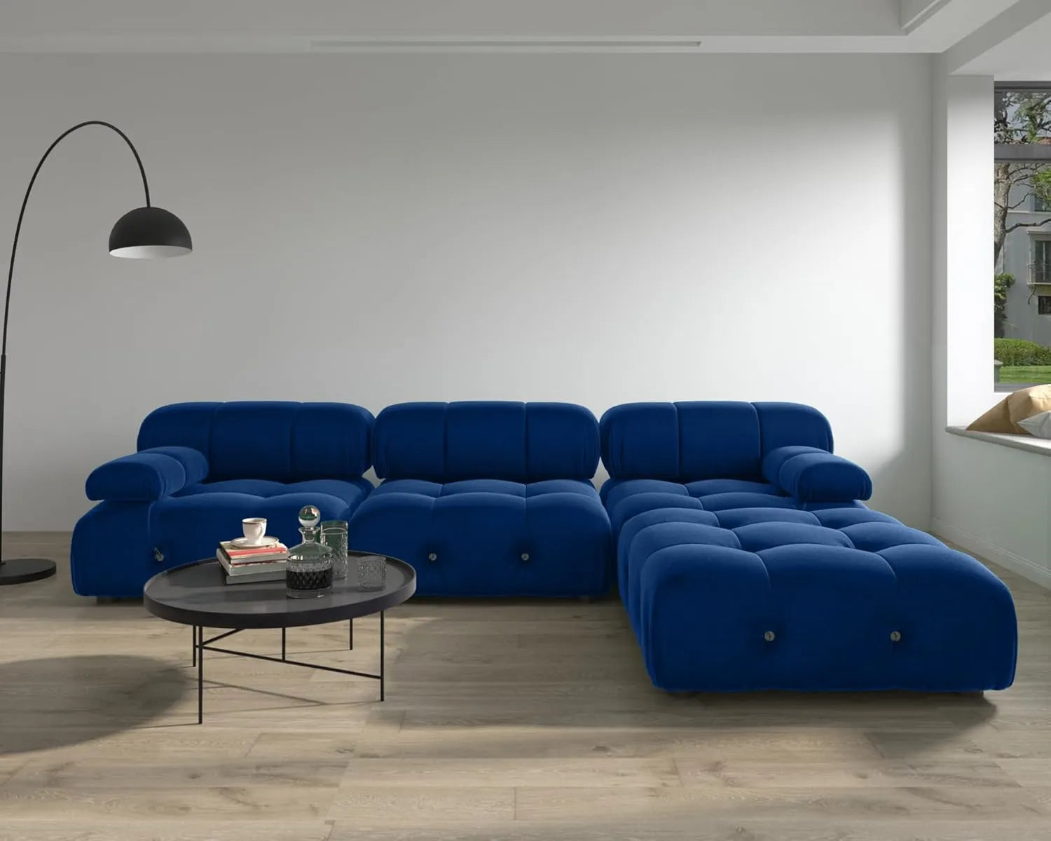 Matrix 3-Seater Blue Modular L-Shaped Sectional | 4-Piece (includes 1 Ottoman), Velvet Fabric, Spacious Design