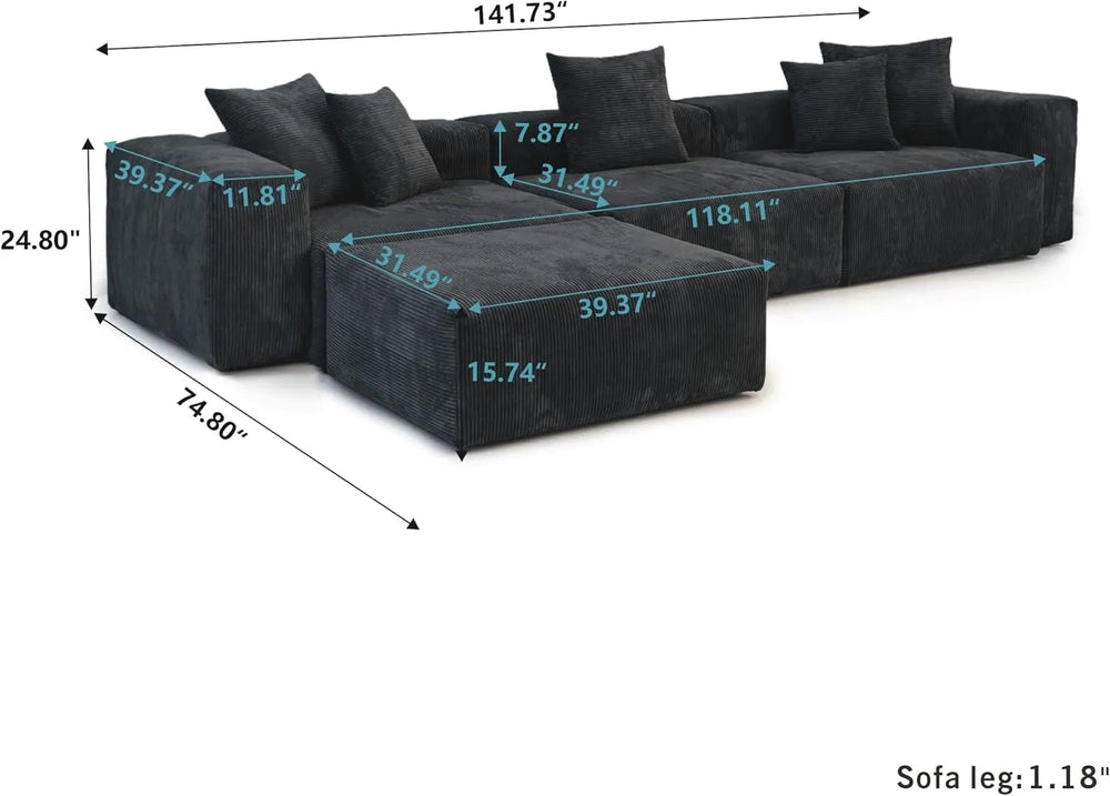 Matrix Modern Modular Sofas | Black Corduroy Couch Sectionals 3-seaters with 1 Ottoman