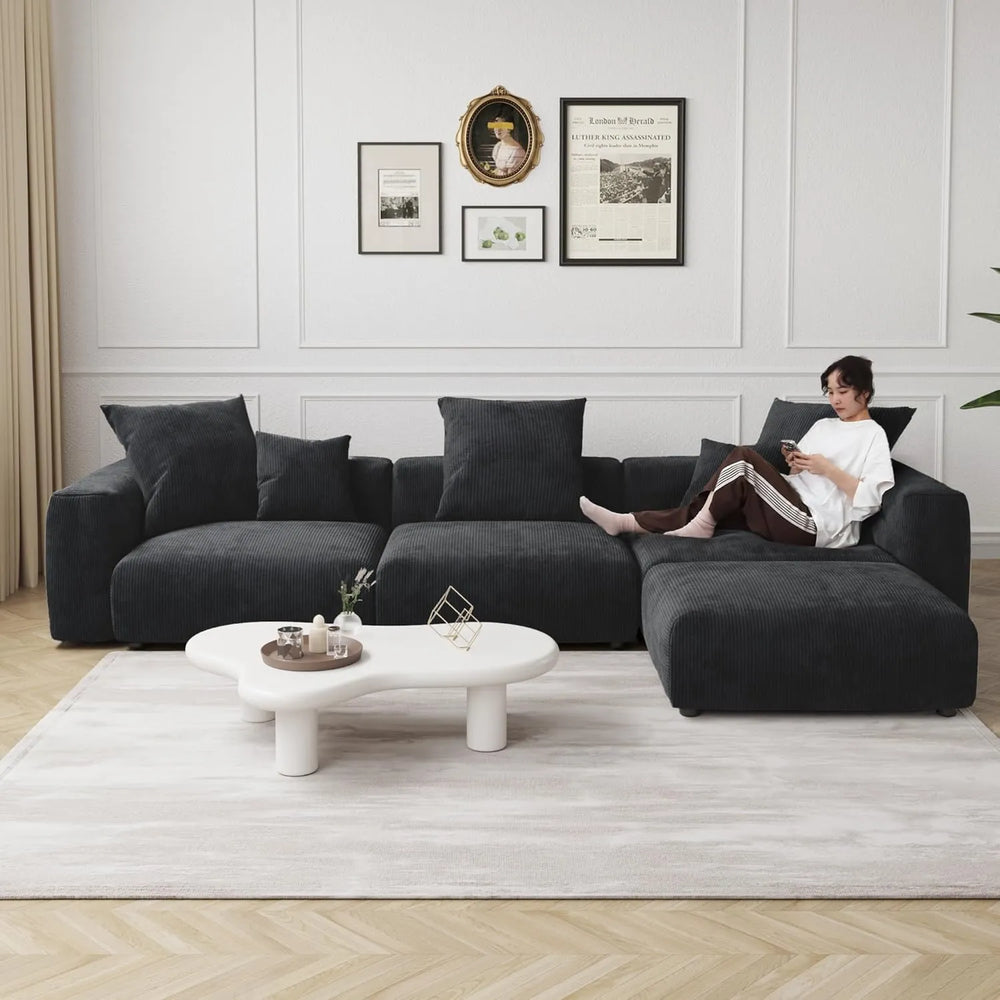 Matrix Modern Modular Sofas | Black Corduroy Couch Sectionals 3-seaters with 1 Ottoman