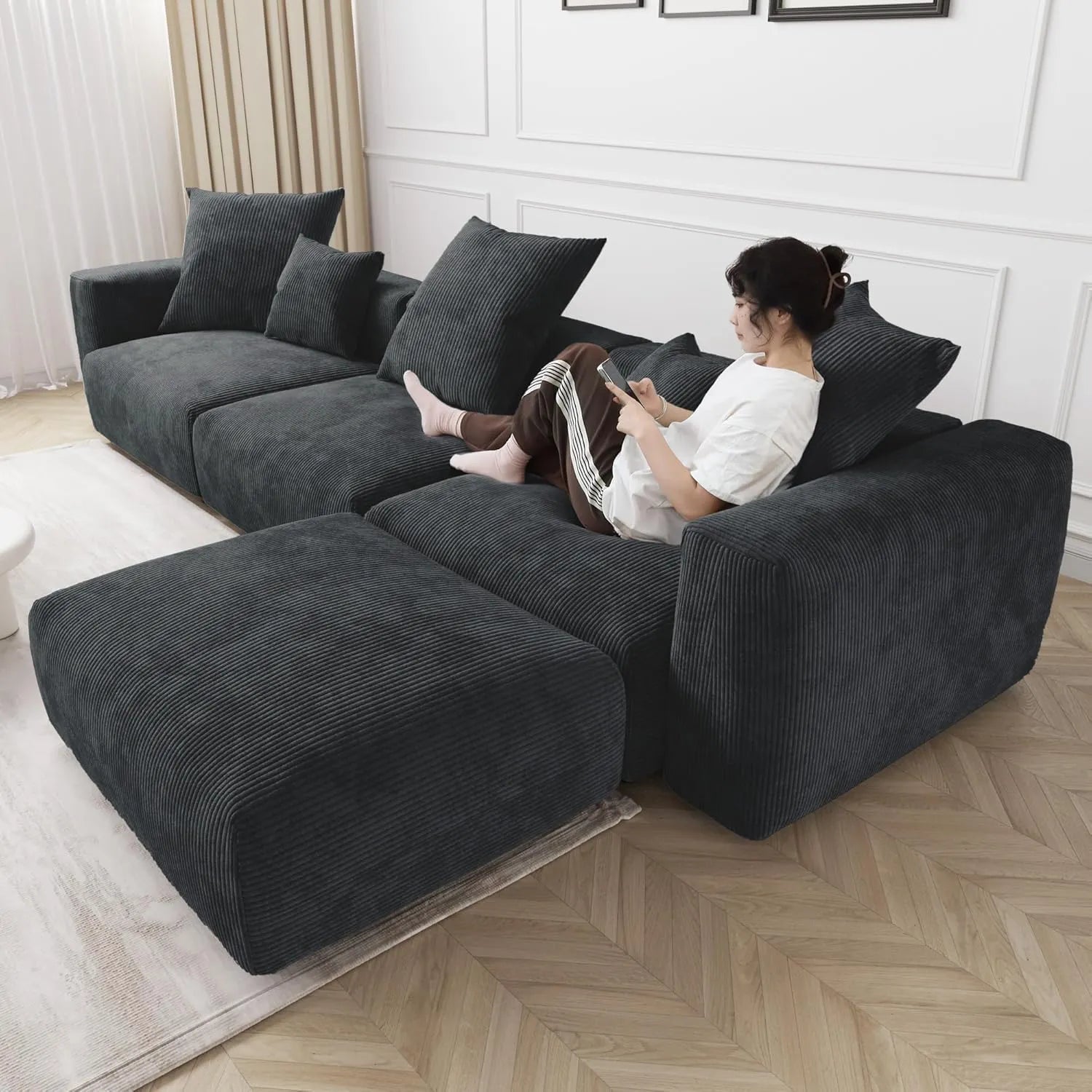 Sofá modular en forma de L Matrix de 3 plazas, color negro, lavable | 4 piezas (incluye 1 otomana), tejido de pana, diseño modular