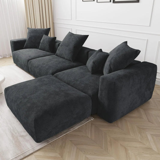 Matrix Modern Modular Sofas | Black Corduroy Couch Sectionals 3-seaters with 1 Ottoman