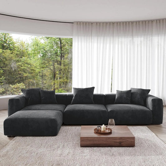 Matrix Modern Modular Sofas | Black Corduroy Couch Sectionals 3-seaters with 1 Ottoman