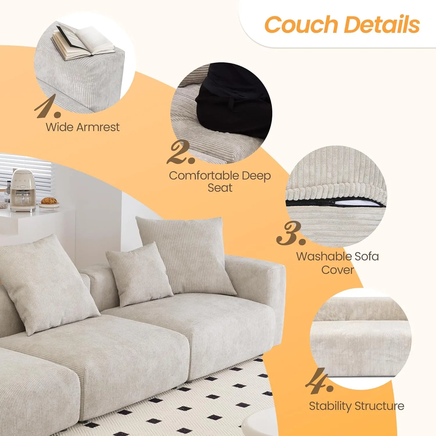 Sofá seccional lavable Matrix de 3 plazas en color beige | 3 piezas, tela de pana, diseño modular