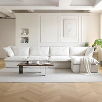 Deluxe Linen Cloud Sectional Sofas | White Cotton and Linen Couch Sectionals 4-seaters with 1 Ottoman