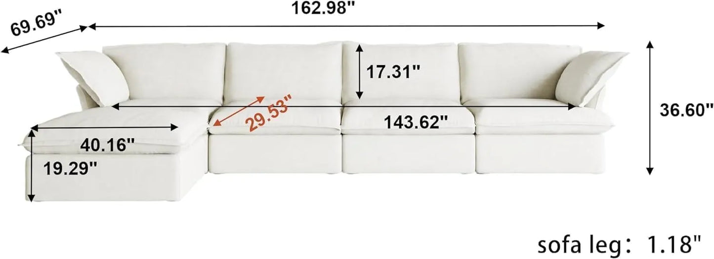 Deluxe Linen Cloud Sectional Sofas | White Cotton and Linen Couch Sectionals 4-seaters with 1 Ottoman